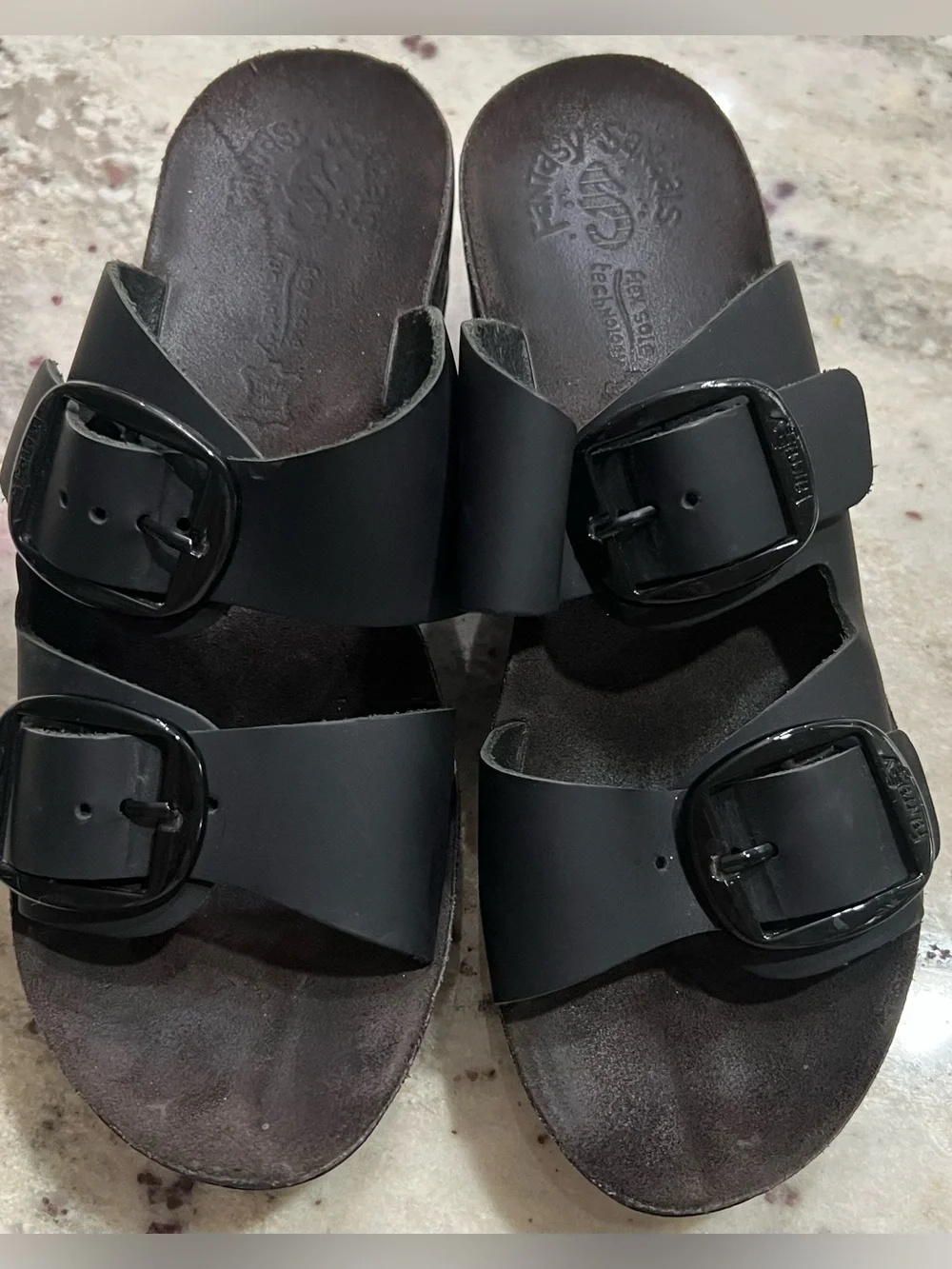 Fantasy Sandals Leather Buckle Wedge Sandals Helena Black